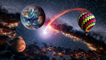 Hot air balloon outer space shooting star planet fairy tale stunning surreal fantasy landscape. Elements of this image furnished by NASA.