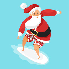 Vector cartoon style illustration of Santa surfer.