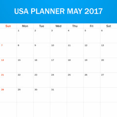 USA Planner blank for May 2017. Scheduler, agenda or diary template. Week starts on Sunday