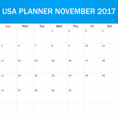 USA Planner blank for November 2017. Scheduler, agenda or diary template. Week starts on Sunday