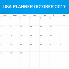USA Planner blank for October 2017. Scheduler, agenda or diary template. Week starts on Sunday