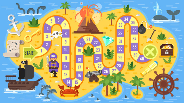 Vector flat style illustration of kids pirate board game