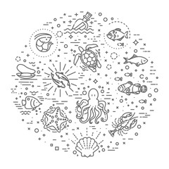 Marine life icon set. Nautical design elements isolated on background
