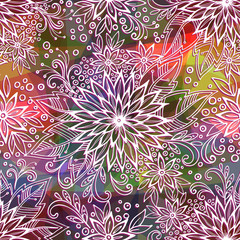 Fototapeta na wymiar Seamless Background, Tile Outline Floral Pattern, Symbolic White Flowers, Leafs and Rings Contours on Abstract Colorful Polygonal Ornament. Eps10, Contains Transparencies. Vector