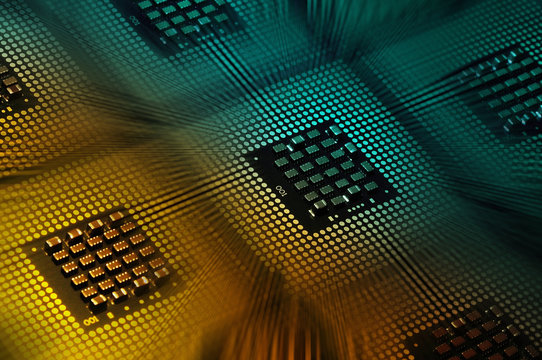 computer processors aligned with abstract lighting effects postproduction, background.