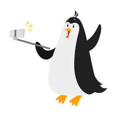 Vector flat style illustration of penguin selfie. Isolated on white background.