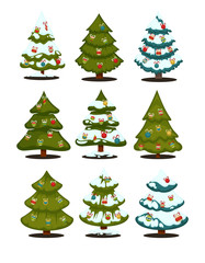 Christmas tree Set of christmas green trees and decoration ball.
