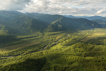 Kronotsky Nature Reserve on Kamchatka Peninsula. View from helicopter.
