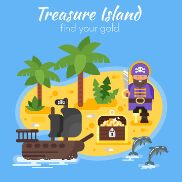Vector flat style illustration of pirate ship, island