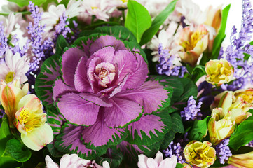 Fragment of Colorful Flower Bouquet Isolated on White Background. Selective Focus.