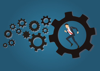 Businessman running in wheel gear background vector