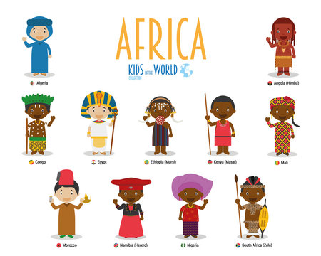Kids and nationalities of the world vector: Africa. Set of 11 characters dressed in different national costumes.