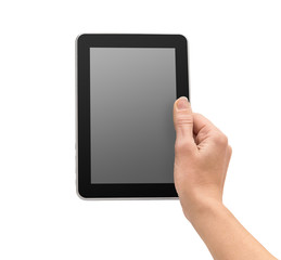 Female hand holding tablet PC with blank screen. Isolated on whi