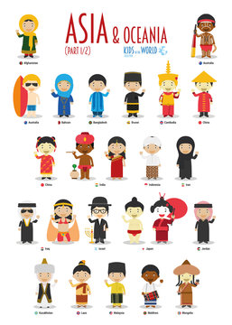 Kids and nationalities of the world vector: Asia and Oceania Set 1 of 2. Set of 24 characters dressed in different national costumes.