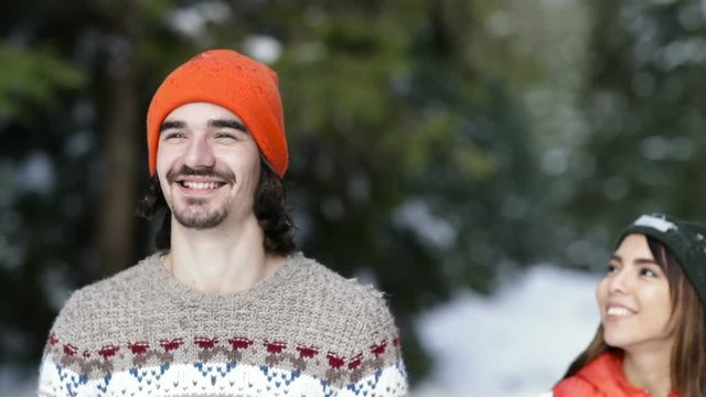 Man Snow Forest Young Guy Happy Smiling Outdoor Winter Pine Woods Slow Motion 120