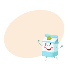 Funny milk box character with a shy smile, cartoon style vector illustration on yellow background with place for text. Cute milk cardboard character with eyes, legs, and a wide smile