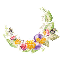 Beautiful watercolor wreath with hydrangea, eucalyptus, figs and oranges. Illustrations.