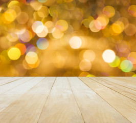 Jointed wood table top on Xmas bokeh light background