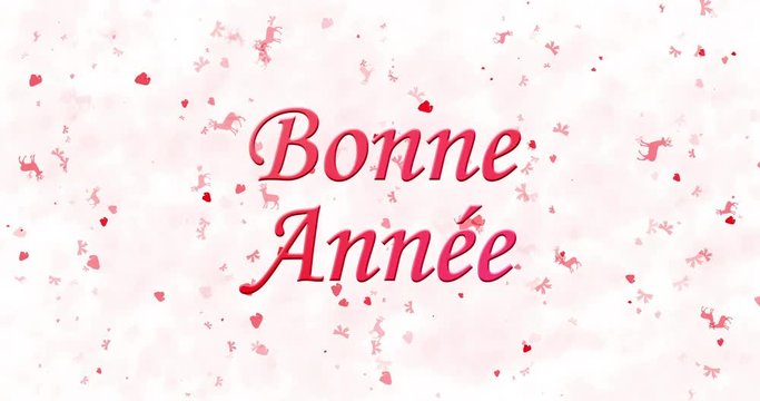 Happy New Year text in French "Bonne année" turns to dust from bottom on white animated background
