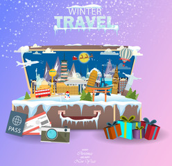 Naklejka premium Winter travel. Travel to World. Vacation. Road trip. Tourism. Open suitcase with landmarks. Journey. Travelling illustration. Merry Christmas banners in flat style. EPS 10. Colorful.