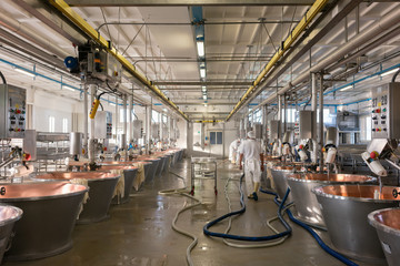 Hall in food factory where cheese is being made from curd in
