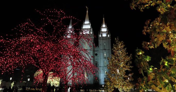 Christmas lights night Temple Square. The Church of Jesus Christ of Latter-day Saints, LDS or Mormon Church. Christmas holiday season, colorful lights. Headquarters of the Christian religion.