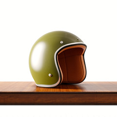Side view of green color retro style motorcycle helmet on natural wooden desk.Concept classic object isolated white background.Square.3d rendering.
