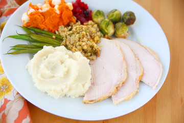 Traditional Thanksgiving dinner on white plate  