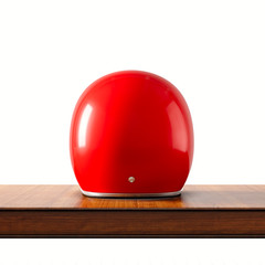 Fototapeta premium Back side view of red color vintage style motorcycle helmet on natural wooden desk.Concept classic object isolated white background.Square.3d rendering.