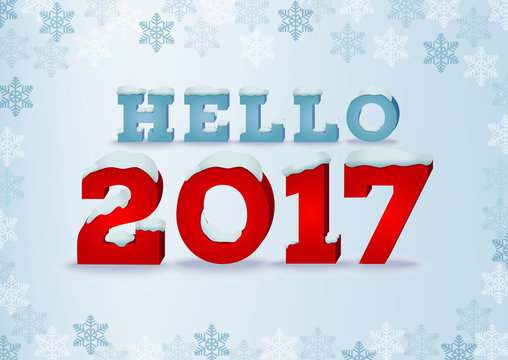 Typographic design greeting card template with text Hello 2017. Inscription on blue background with snowflakes.
