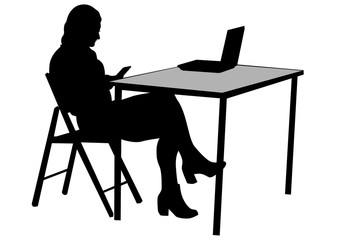 Young woman with computer on a white background