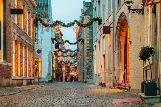 Shopping street with christmas lights in Maastricht