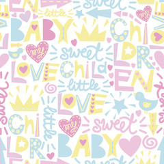 Gentle baby pattern with words and inscriptions Love, Baby, Sweet.