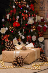 Christmas Decorations with gift box, cone. Rustic style