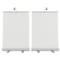 Blank Roll Up Banner Stand. Trade show booth white and blank. 3d render isolated on white background. High Resolution Template for your design.