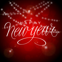 Happy New Year Vector Illustration with Hand Lettered Text and Hand Drawn Illustrations.