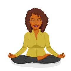 beautiful african american businesswoman relaxing happy in yoga lotus pose