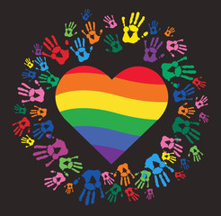 Colorful Hand prints and rainbow heart shape vector