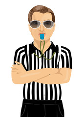 referee with sunglasses blowing whistle standing with arms folded