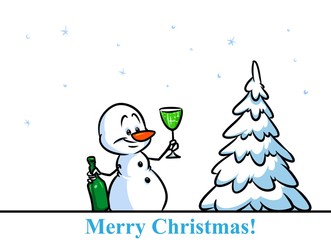 Christmas snowman character champagne bottle cartoon illustration isolated image
