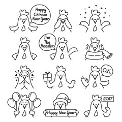 Rooster Emoticons Outline Icons Set, Traditional Celebration, Happy New Year, China, Emoji, Expression, Animal