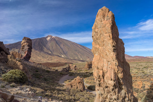 Scenic view of Roques del Garcia stone and Teide volcano in the Teide National Park, Tenerife, Canary Islands, Spain.