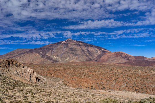 Panoramic view of Mount Teide volcano rising from sea level up to 3718 meters (12198 ft). Tenerife, Canary Islands.