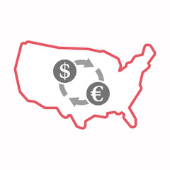 Isolated map of USA with a dollar euro exchange sign