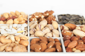 Mix of assorted nuts. Pistachios, peanuts, walnuts, almonds, hazelnuts, Brazil nuts, pumpkin seed and cashews.