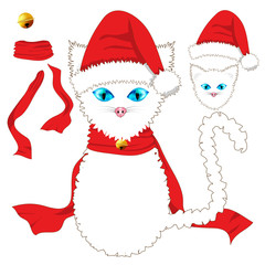 White Cat with Blue Eyes. Santa Hat, Red Ribbon Scarf and Golden Jingle Bell Ball. Christmas Day. Vector Illustration . isolated on white Background.