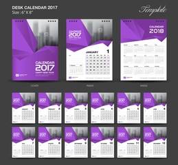 Set Purple Desk Calendar 2017 year size 6 x 8 inch template, Set of 12 Months, Week Starts Monday, flyer design