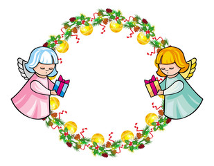 Round holiday garland with ornaments and angels bring presents. 