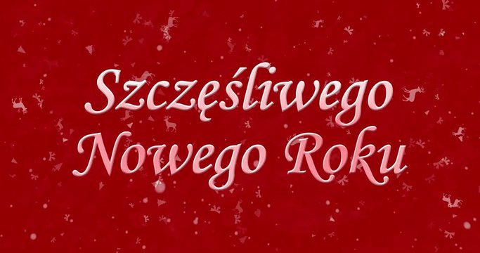 Happy New Year text in Polish "Szczesliwego Nowego Roku" turns to dust from bottom on white animated background
