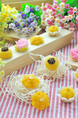 Thai royal sweet dessert on red and white strip napkin, food sty